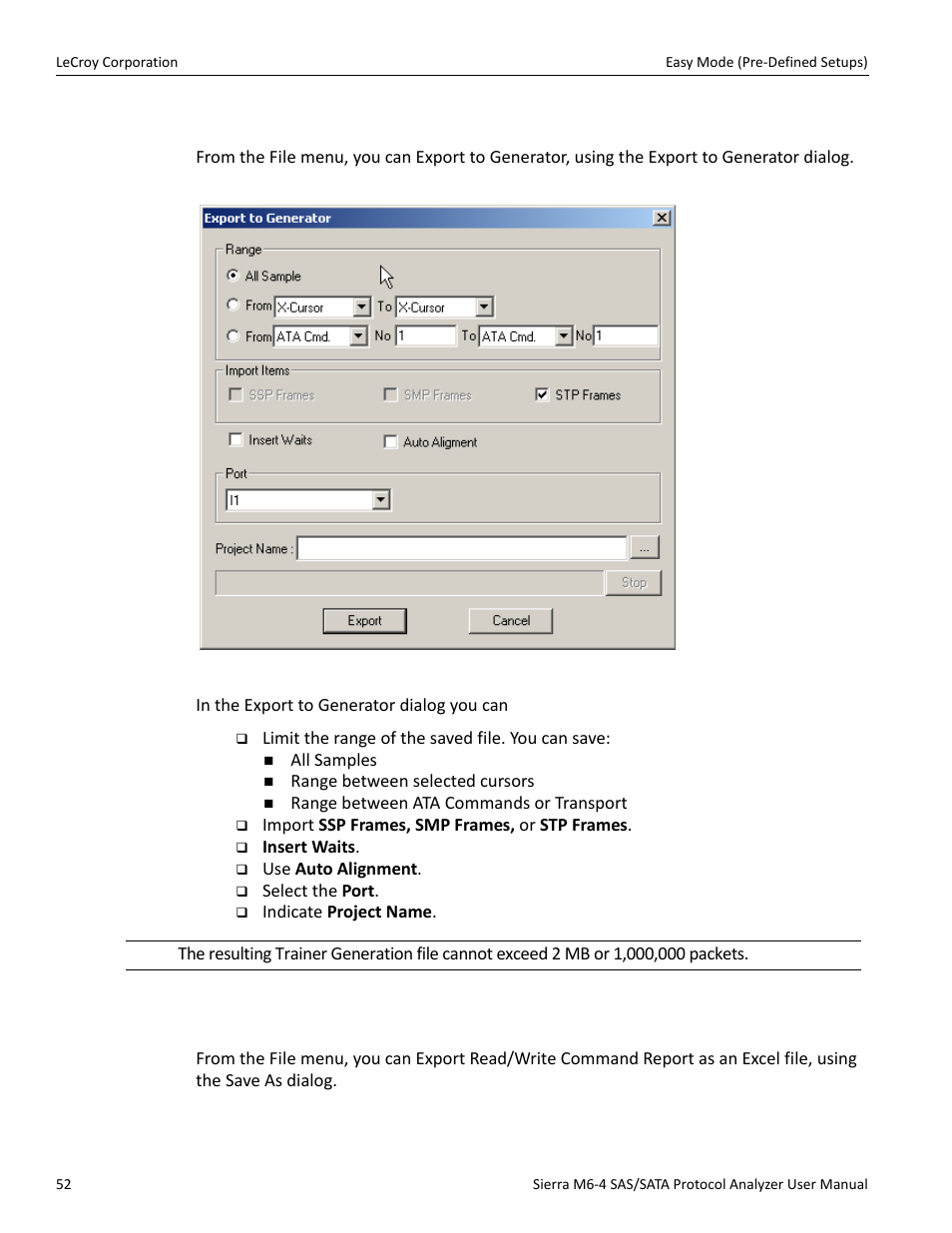 Export to generator, Export read/write command report | Teledyne LeCroy STX M6-1 SAS_SATA Protocol Analyzer User Manual User Manual | Page 54 / 468