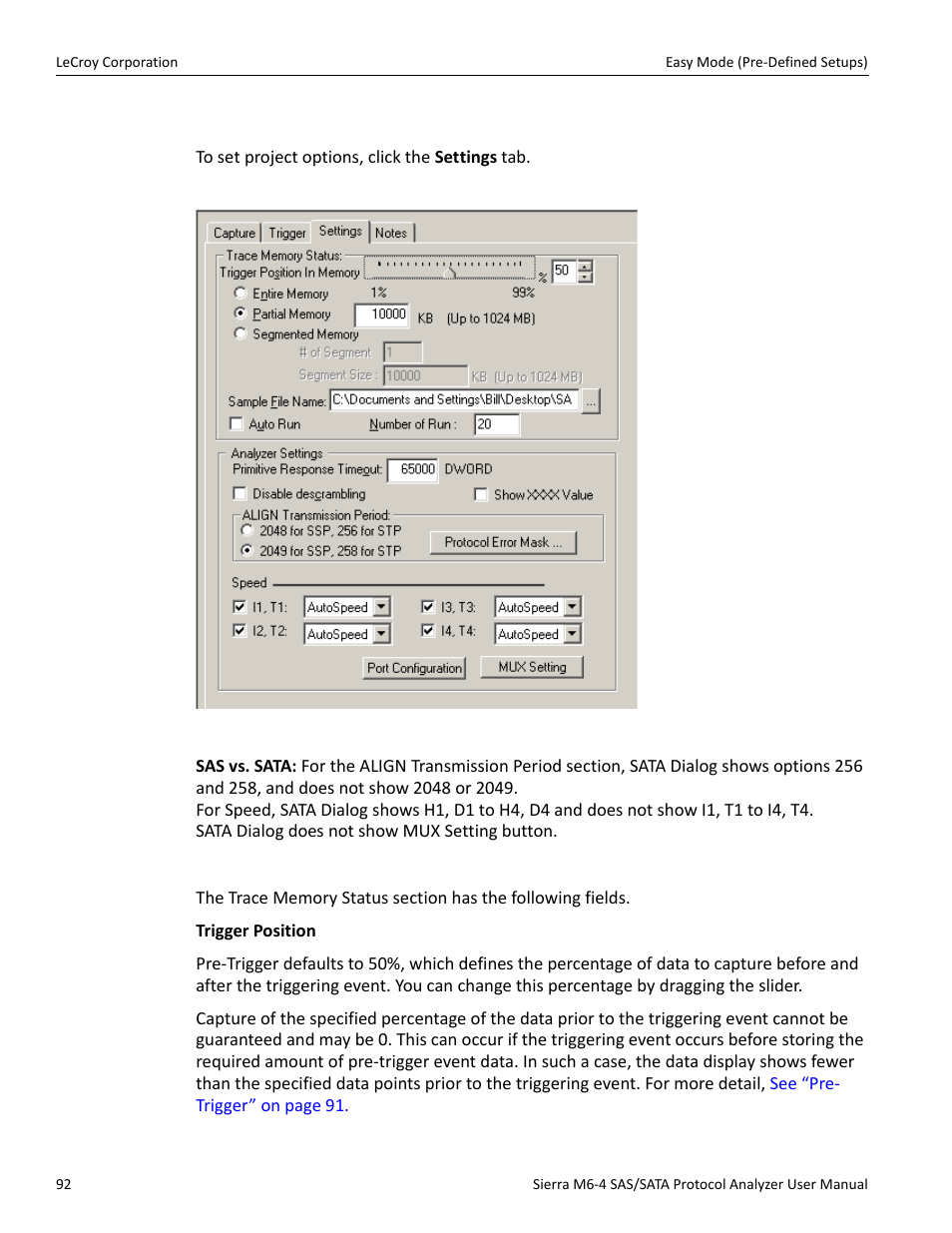 Project settings, Memory settings | Teledyne LeCroy STX M6-1 SAS_SATA Protocol Analyzer User Manual User Manual | Page 94 / 468