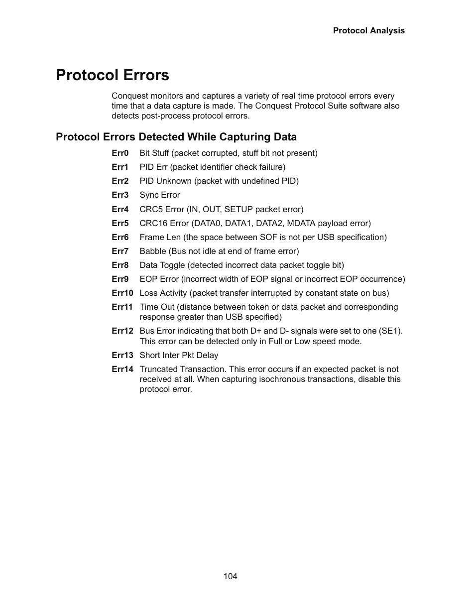 Protocol errors, Protocol errors detected while capturing data | Teledyne LeCroy Conquest User Manual - Users Manual User Manual | Page 114 / 258