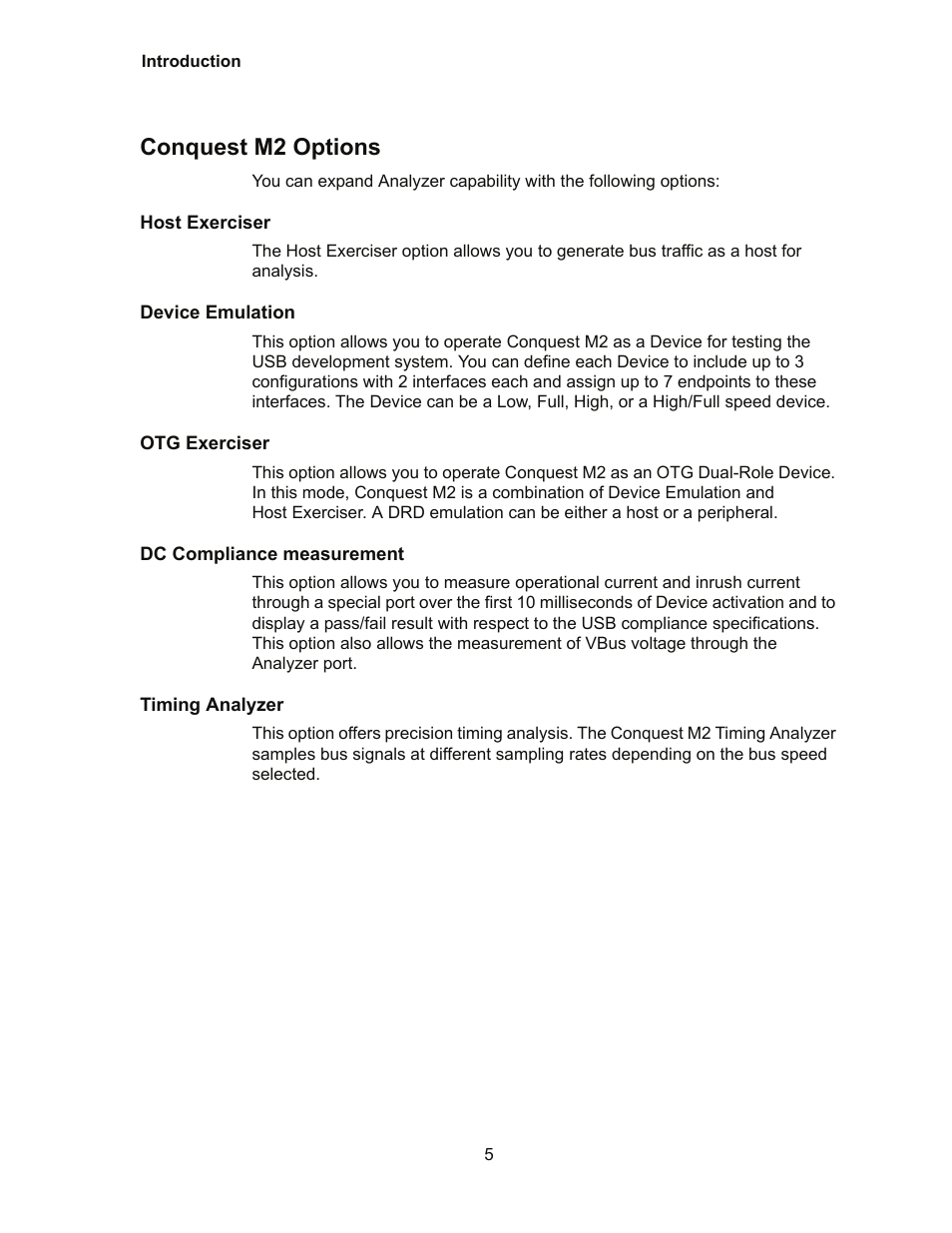 Conquest m2 options, Host exerciser, Device emulation | Otg exerciser, Dc compliance measurement, Timing analyzer | Teledyne LeCroy Conquest User Manual - Users Manual User Manual | Page 15 / 258