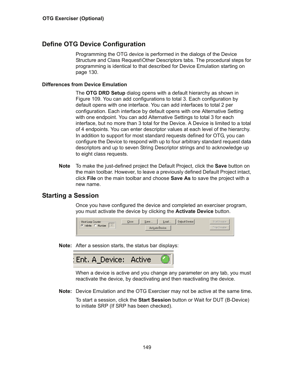 Define otg device configuration, Starting a session | Teledyne LeCroy Conquest User Manual - Users Manual User Manual | Page 159 / 258