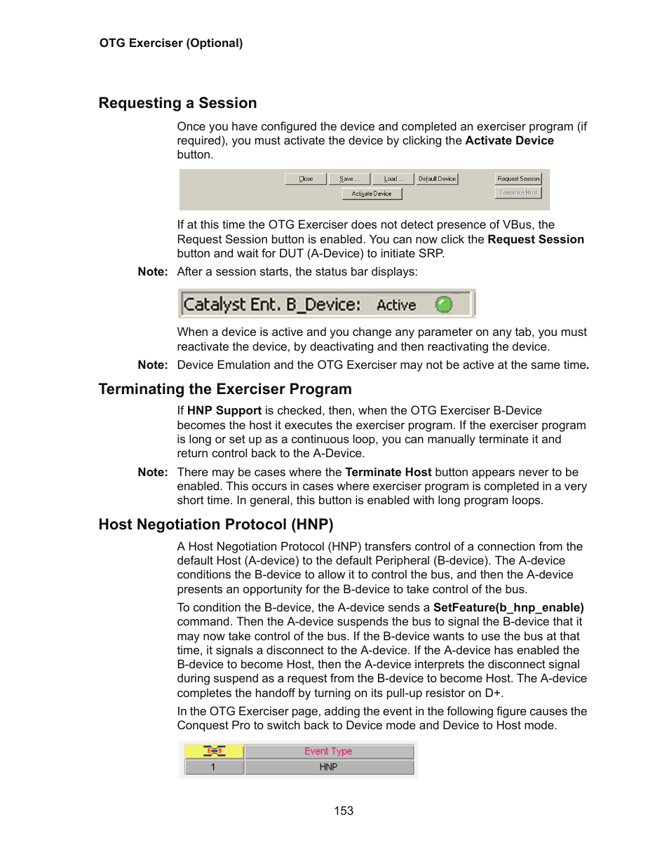 Requesting a session, Terminating the exerciser program, Host negotiation protocol (hnp) | Teledyne LeCroy Conquest User Manual - Users Manual User Manual | Page 163 / 258