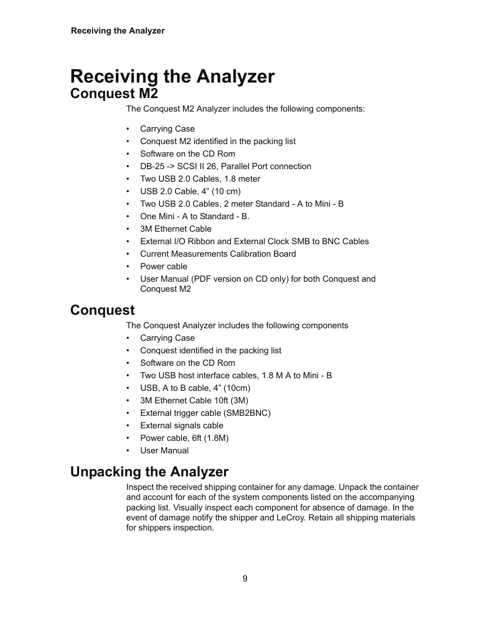 Receiving the analyzer, Conquest m2, Conquest | Unpacking the analyzer | Teledyne LeCroy Conquest User Manual - Users Manual User Manual | Page 19 / 258