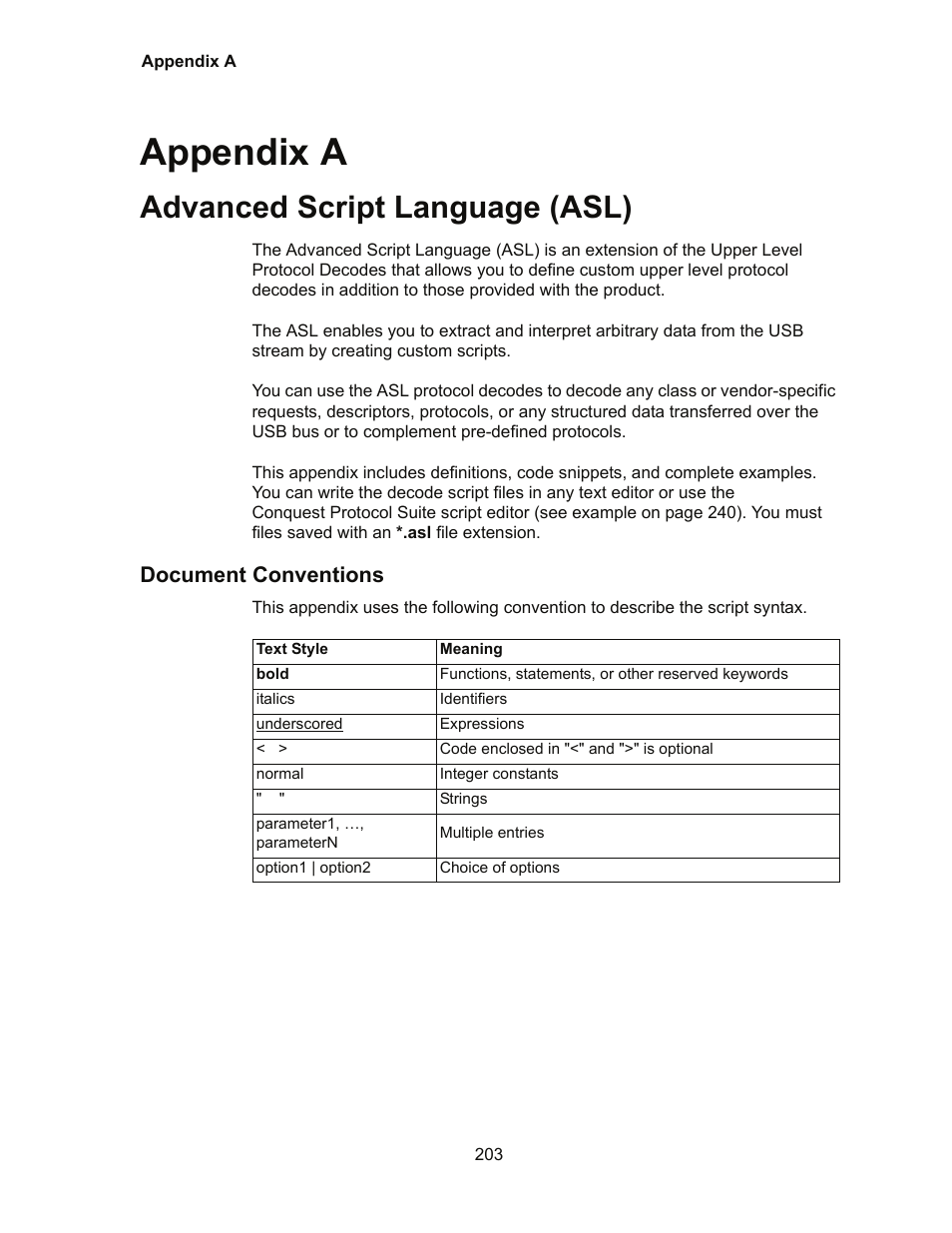 Appendix a, Advanced script language (asl), Document conventions | Teledyne LeCroy Conquest User Manual - Users Manual User Manual | Page 213 / 258