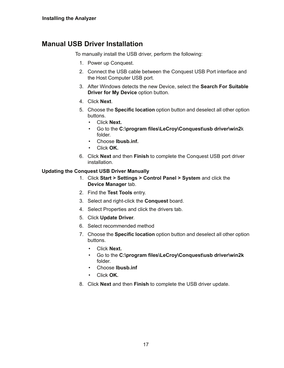 Manual usb driver installation, Updating the conquest usb driver manually | Teledyne LeCroy Conquest User Manual - Users Manual User Manual | Page 27 / 258