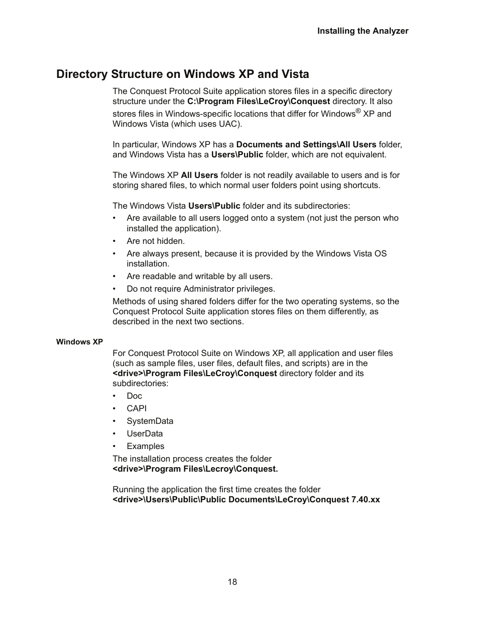 Directory structure on windows xp and vista, Windows xp | Teledyne LeCroy Conquest User Manual - Users Manual User Manual | Page 28 / 258