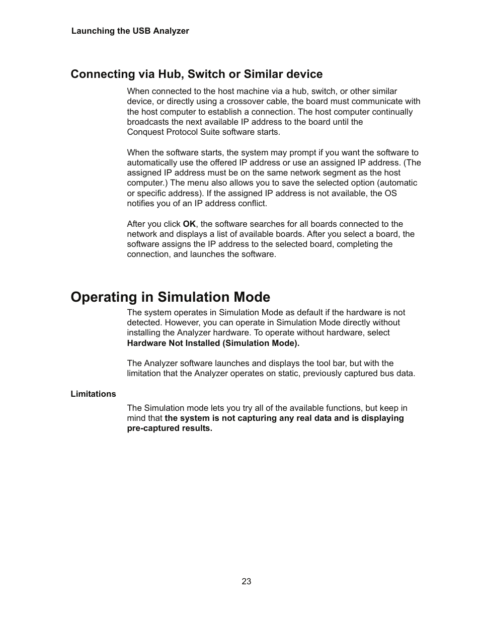 Connecting via hub, switch or similar device, Operating in simulation mode | Teledyne LeCroy Conquest User Manual - Users Manual User Manual | Page 33 / 258