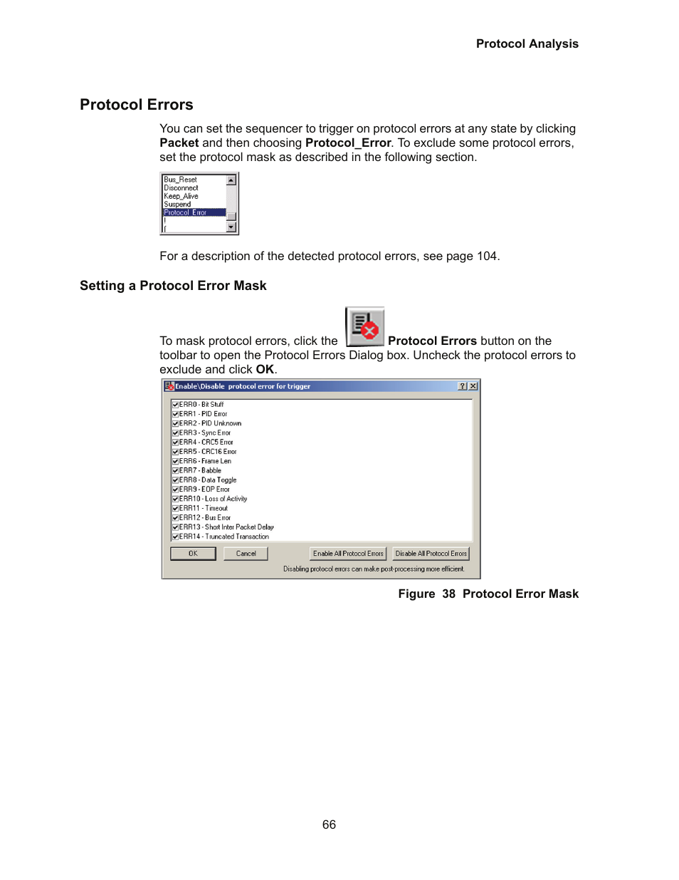 Protocol errors, Setting a protocol error mask | Teledyne LeCroy Conquest User Manual - Users Manual User Manual | Page 76 / 258