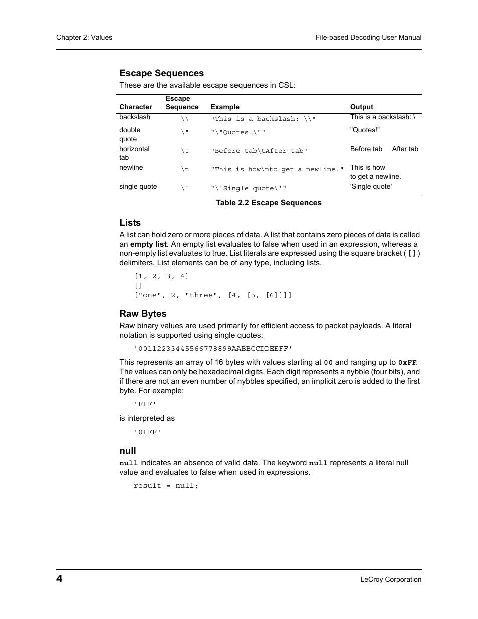 Table 2.2 escape sequences | Teledyne LeCroy LeCroy Analyzers File Based Decoding Manual User Manual | Page 10 / 82