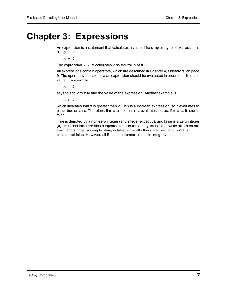 Chapter 3: expressions, Chapter 3, Expressions | Teledyne LeCroy LeCroy Analyzers File Based Decoding Manual User Manual | Page 13 / 82
