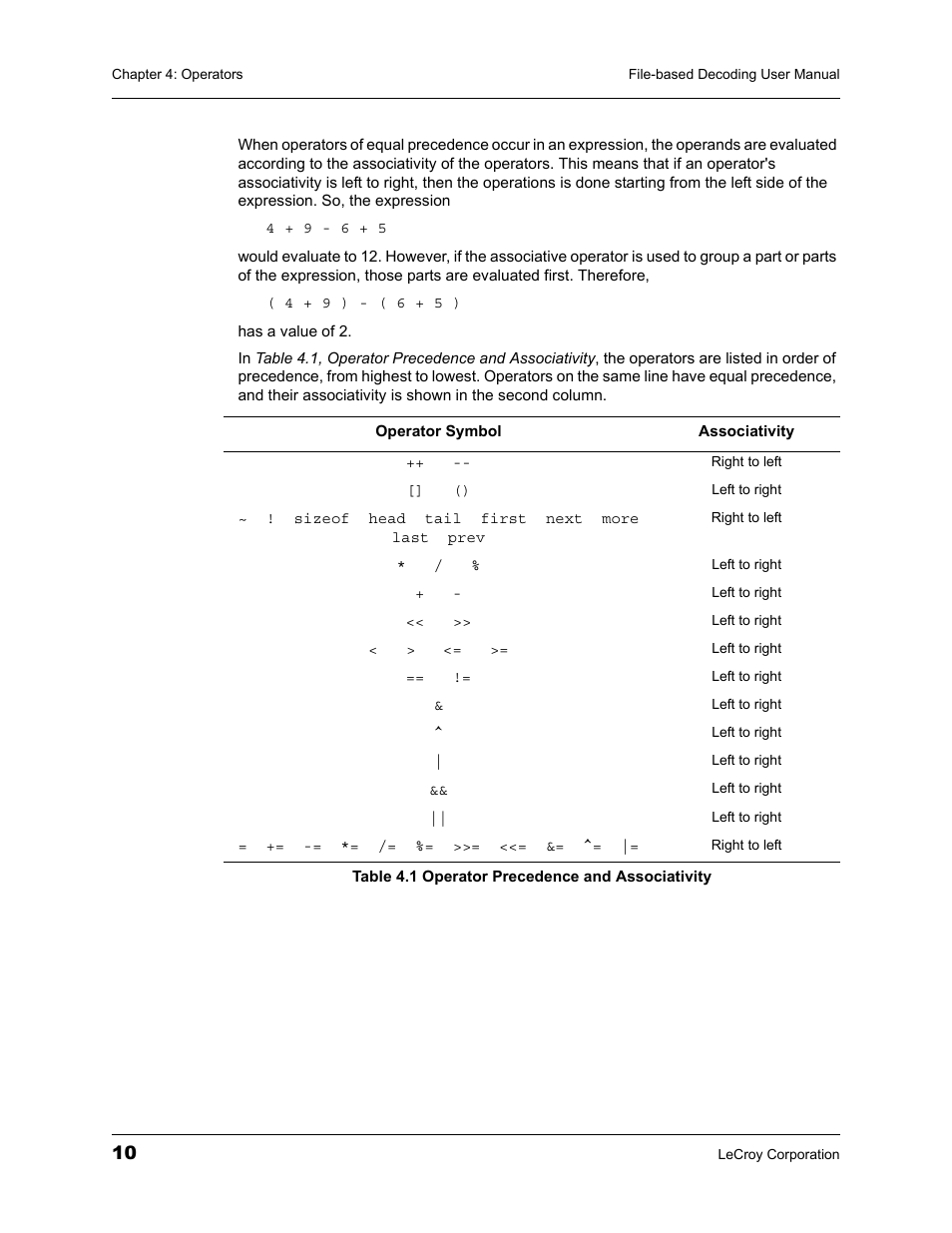 Table 4.1 operator precedence and associativity | Teledyne LeCroy LeCroy Analyzers File Based Decoding Manual User Manual | Page 16 / 82