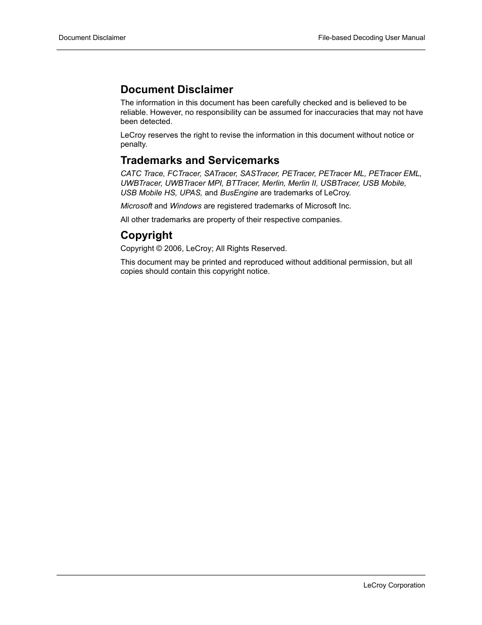Document disclaimer, Trademarks and servicemarks, Copyright | Teledyne LeCroy LeCroy Analyzers File Based Decoding Manual User Manual | Page 2 / 82