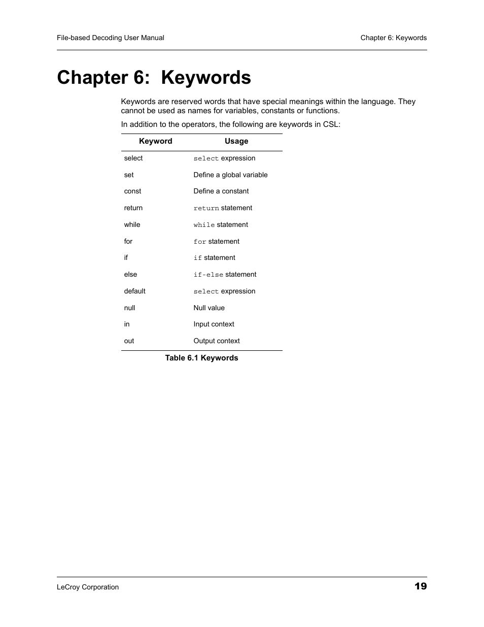 Chapter 6: keywords, Chapter 6, Keywords | Table 6.1 keywords | Teledyne LeCroy LeCroy Analyzers File Based Decoding Manual User Manual | Page 25 / 82