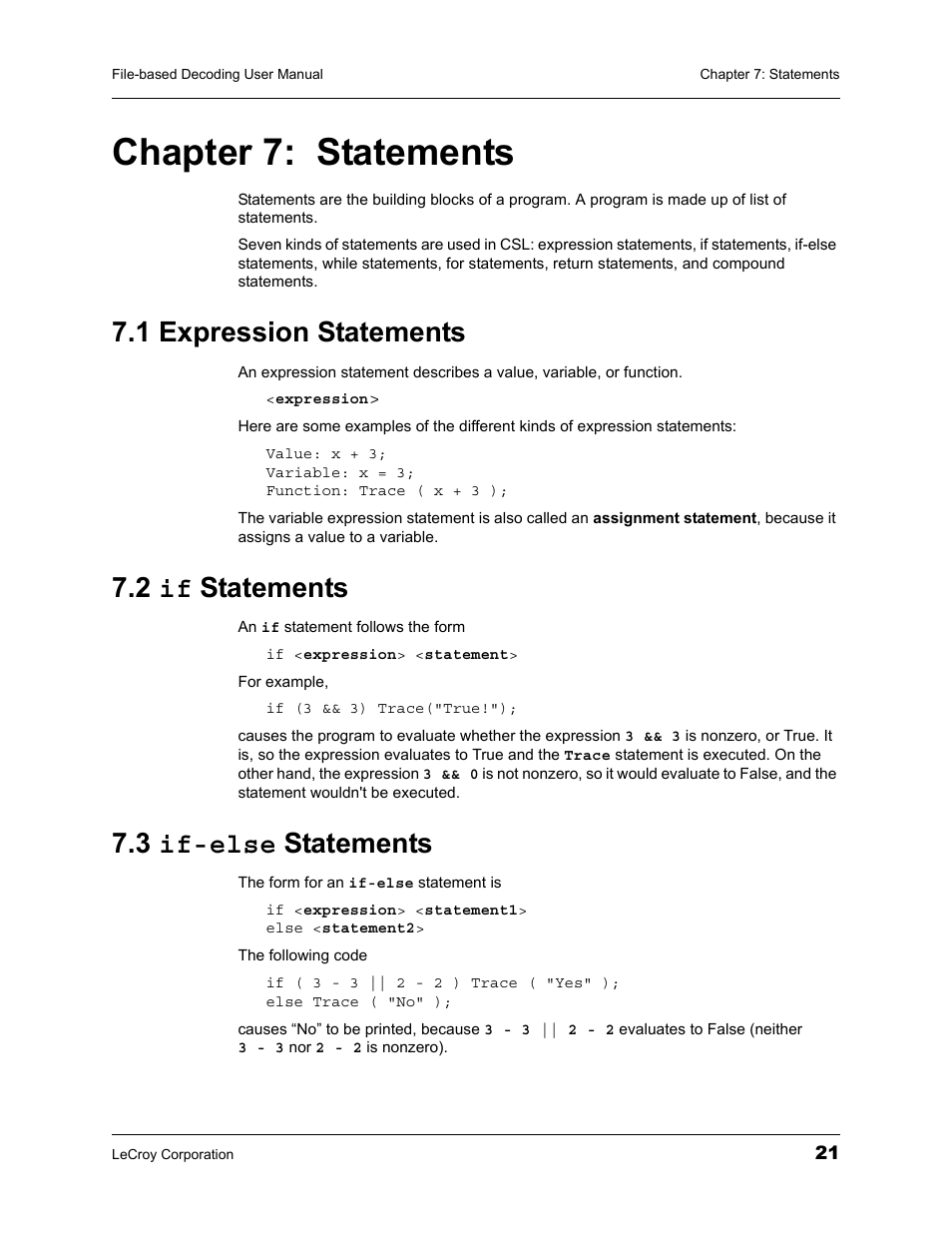Chapter 7: statements, 1 expression statements, 2 if statements | 3 if-else statements, Chapter 7, Statements | Teledyne LeCroy LeCroy Analyzers File Based Decoding Manual User Manual | Page 27 / 82
