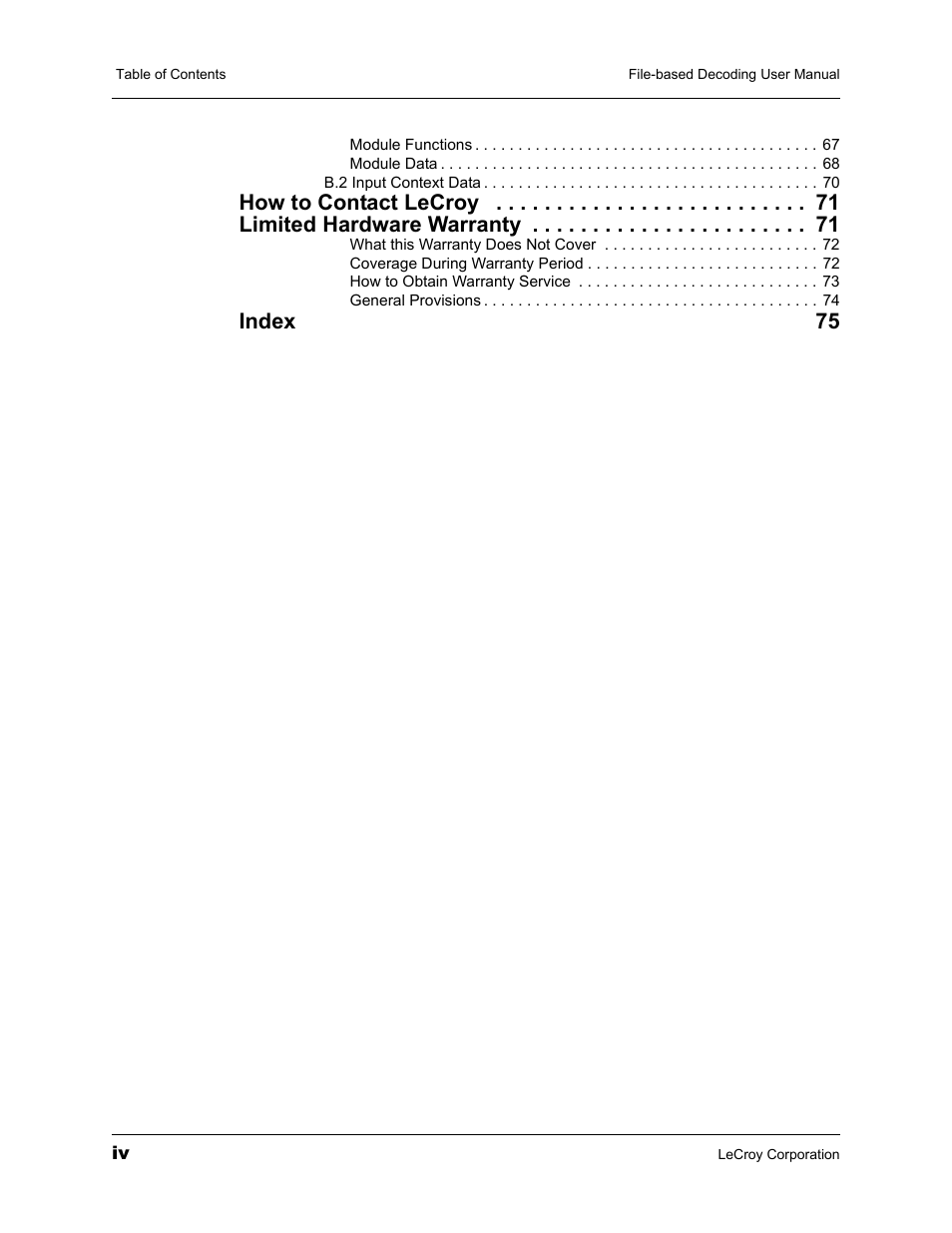 How to contact lecroy limited hardware warranty, Index 75 | Teledyne LeCroy LeCroy Analyzers File Based Decoding Manual User Manual | Page 4 / 82
