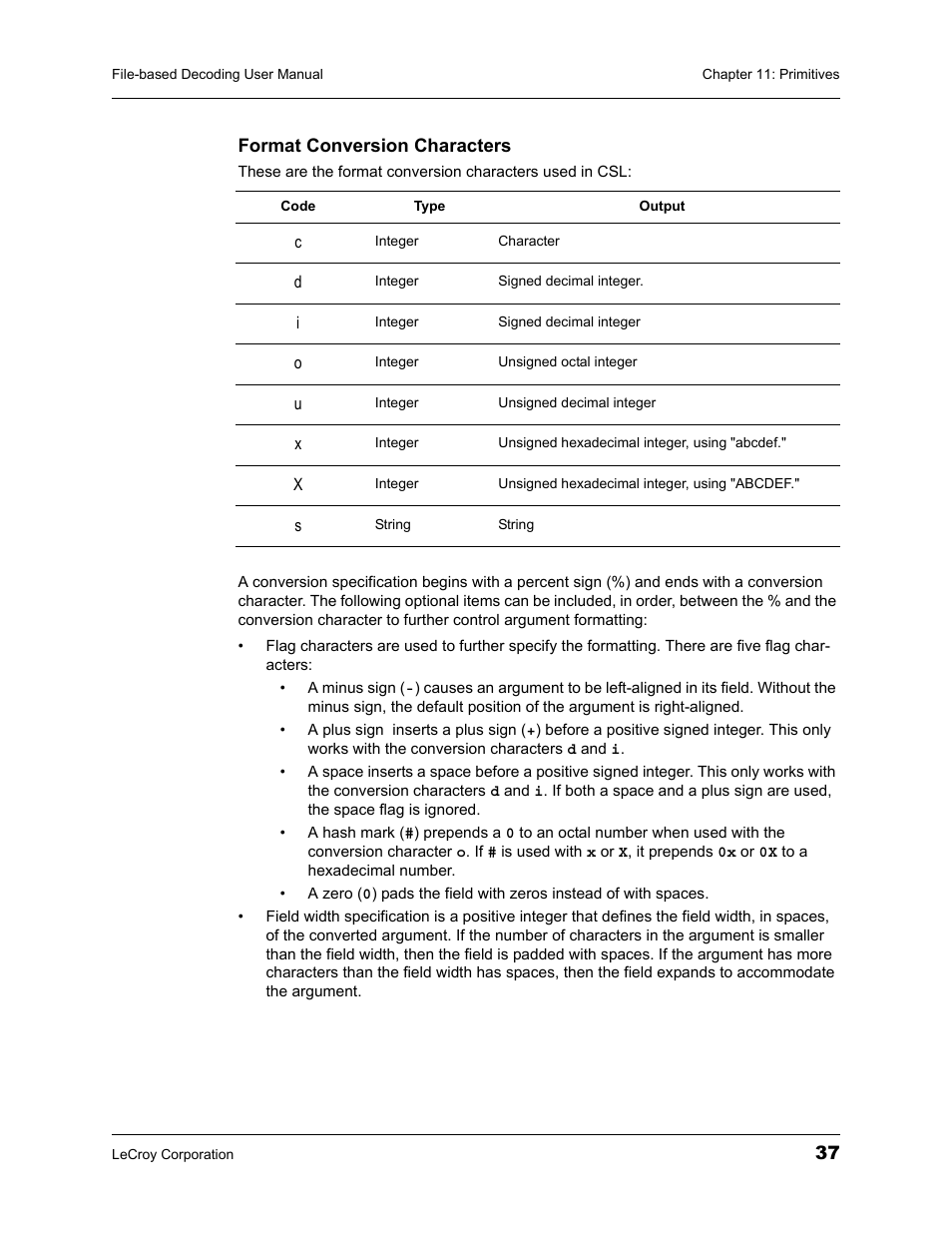 Format conversion characters | Teledyne LeCroy LeCroy Analyzers File Based Decoding Manual User Manual | Page 43 / 82