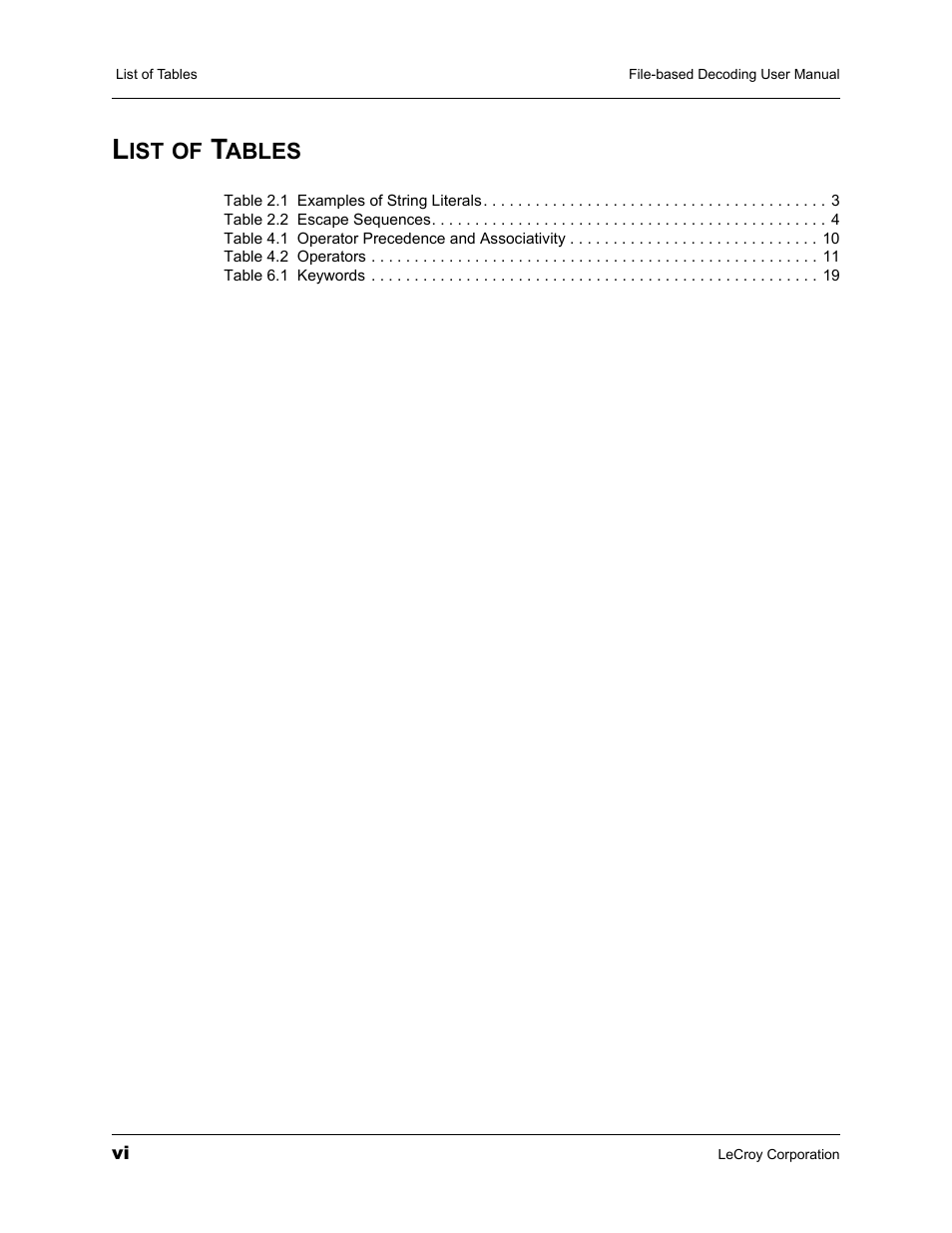 List of tables | Teledyne LeCroy LeCroy Analyzers File Based Decoding Manual User Manual | Page 6 / 82
