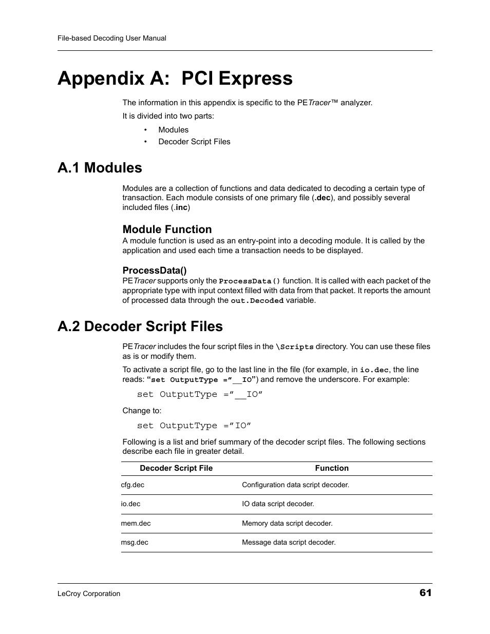 Appendix a: pci express, A.1 modules, Module function | A.2 decoder script files, Appendix a:pci express | Teledyne LeCroy LeCroy Analyzers File Based Decoding Manual User Manual | Page 67 / 82