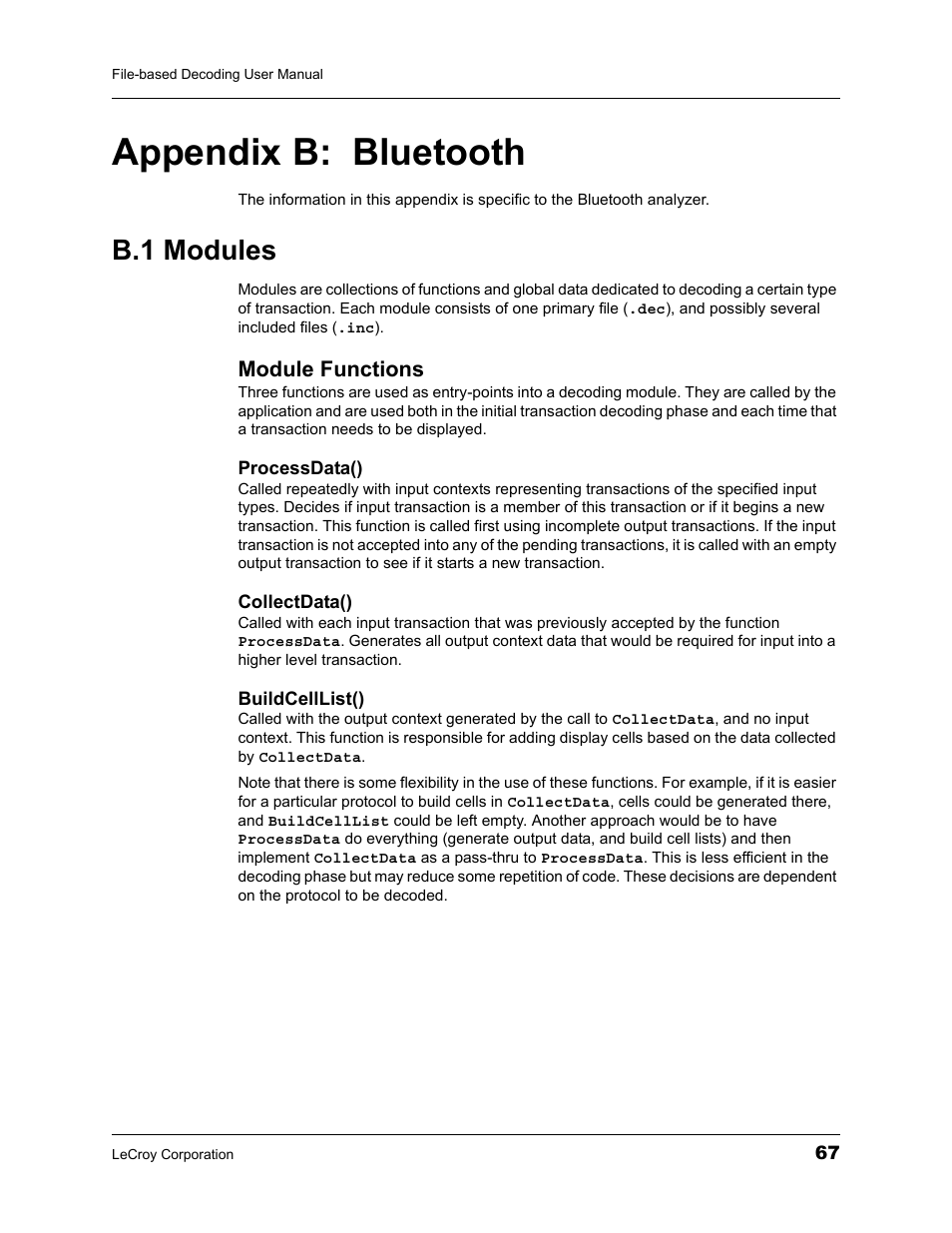 Appendix b: bluetooth, B.1 modules, Module functions | Appendix b:bluetooth | Teledyne LeCroy LeCroy Analyzers File Based Decoding Manual User Manual | Page 73 / 82