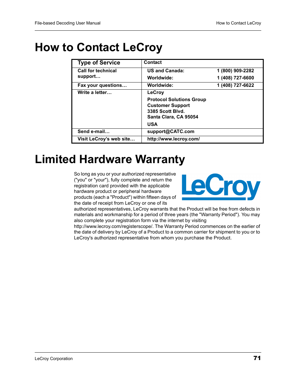 How to contact lecroy, Limited hardware warranty, How to contact lecroy limited hardware warranty | Teledyne LeCroy LeCroy Analyzers File Based Decoding Manual User Manual | Page 77 / 82
