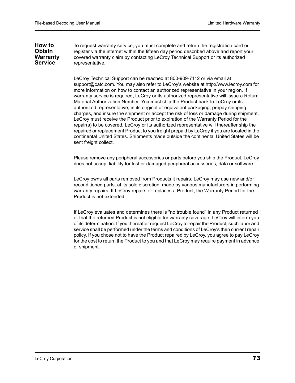 How to obtain warranty service | Teledyne LeCroy LeCroy Analyzers File Based Decoding Manual User Manual | Page 79 / 82