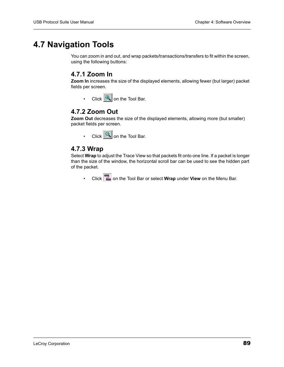 7 navigation tools, 1 zoom in, 2 zoom out | 3 wrap, 1 zoom in 4.7.2 zoom out 4.7.3 wrap | Teledyne LeCroy USBTracer_Trainer - Users Manual User Manual | Page 103 / 388