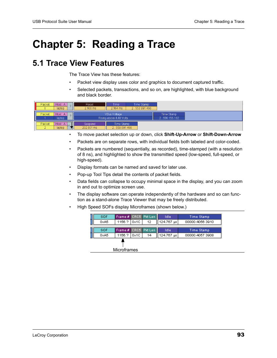 Chapter 5: reading a trace, 1 trace view features, Chapter 5 reading a trace | Teledyne LeCroy USBTracer_Trainer - Users Manual User Manual | Page 107 / 388