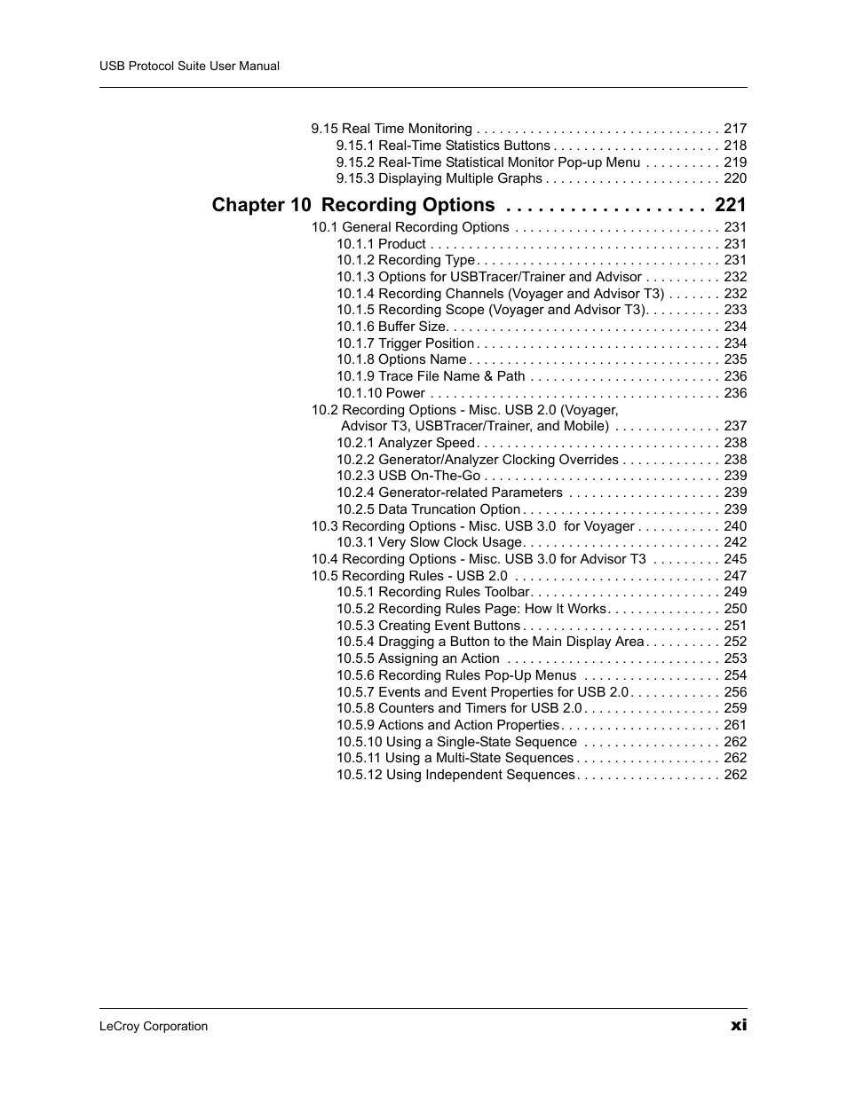 Chapter 10 recording options | Teledyne LeCroy USBTracer_Trainer - Users Manual User Manual | Page 11 / 388