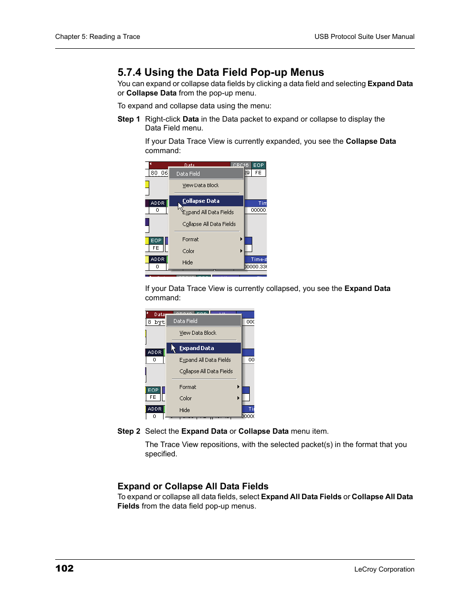 4 using the data field pop-up menus | Teledyne LeCroy USBTracer_Trainer - Users Manual User Manual | Page 116 / 388