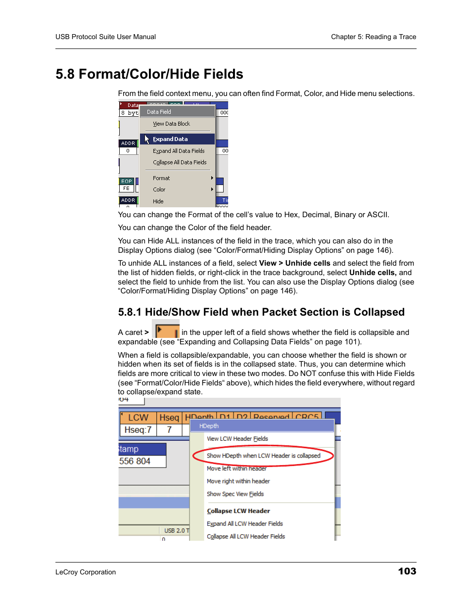 8 format/color/hide fields, 1 hide/show field when packet section is collapsed | Teledyne LeCroy USBTracer_Trainer - Users Manual User Manual | Page 117 / 388