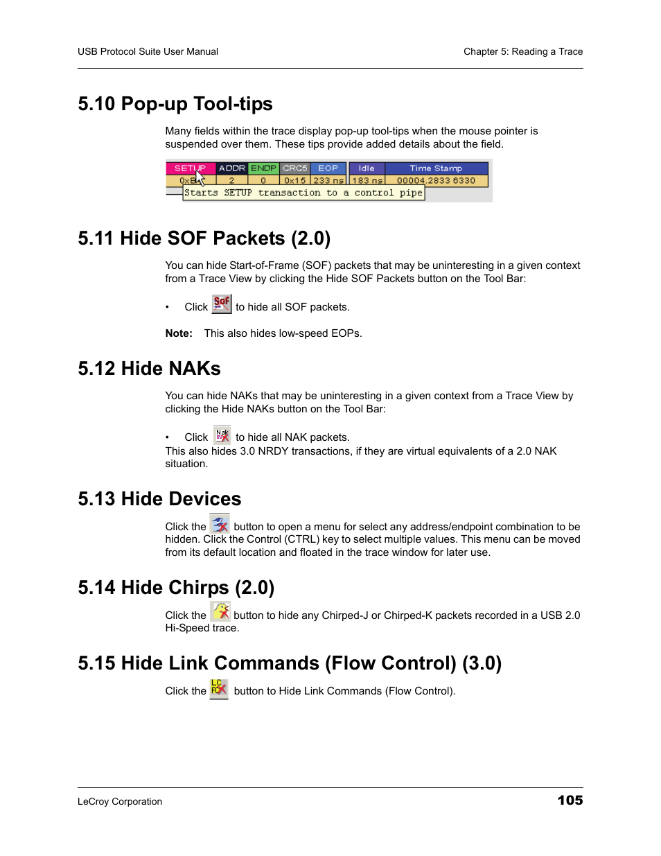 10 pop-up tool-tips, 11 hide sof packets (2.0), 12 hide naks | 13 hide devices, 14 hide chirps (2.0), 15 hide link commands (flow control) (3.0) | Teledyne LeCroy USBTracer_Trainer - Users Manual User Manual | Page 119 / 388
