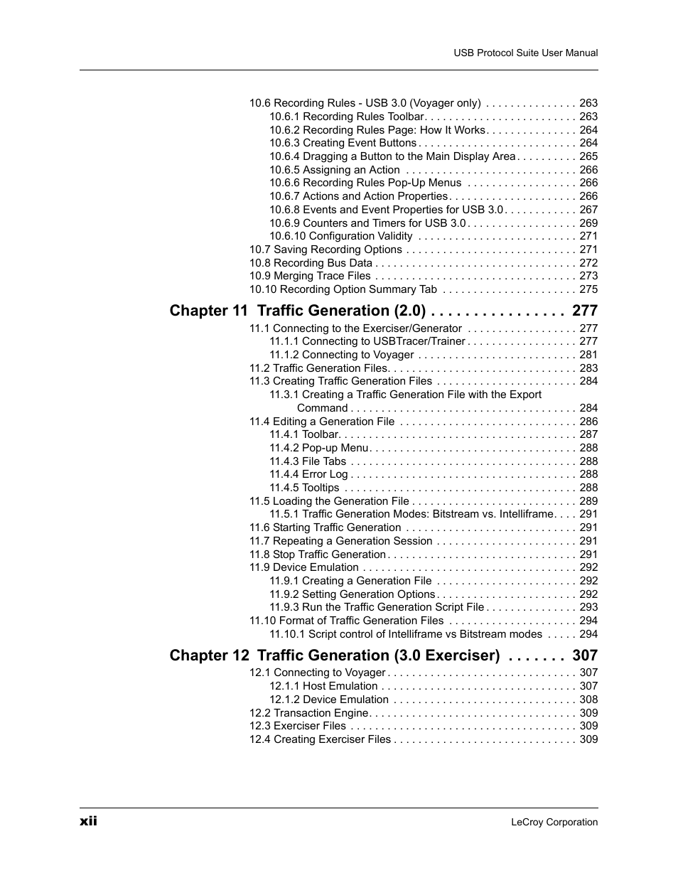 Chapter 11 traffic generation (2.0), Chapter 12 traffic generation (3.0 exerciser) | Teledyne LeCroy USBTracer_Trainer - Users Manual User Manual | Page 12 / 388