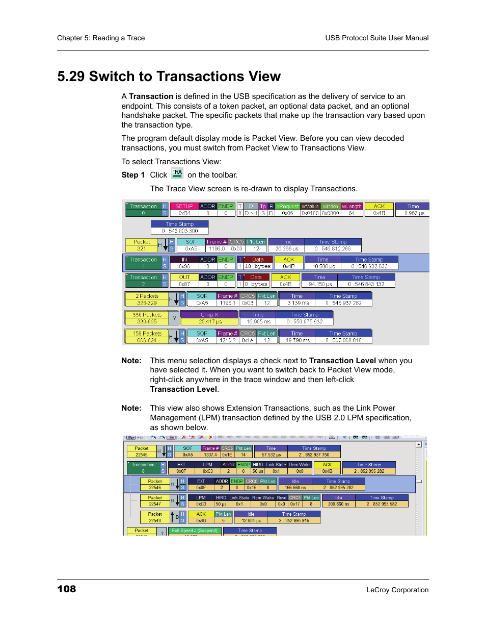 29 switch to transactions view | Teledyne LeCroy USBTracer_Trainer - Users Manual User Manual | Page 122 / 388