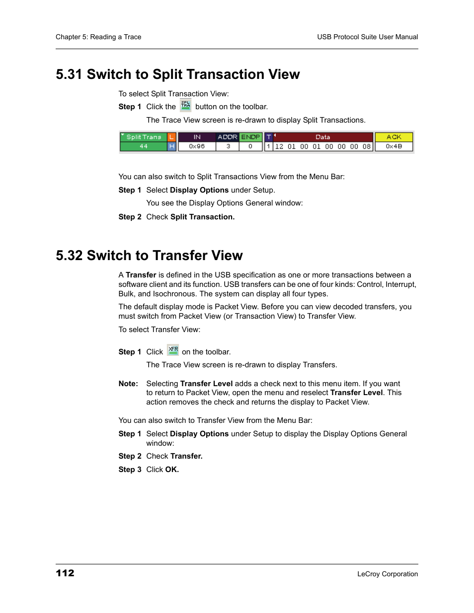 31 switch to split transaction view, 32 switch to transfer view | Teledyne LeCroy USBTracer_Trainer - Users Manual User Manual | Page 126 / 388