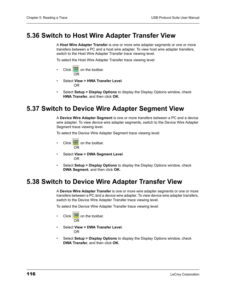 36 switch to host wire adapter transfer view, 37 switch to device wire adapter segment view, 38 switch to device wire adapter transfer view | Teledyne LeCroy USBTracer_Trainer - Users Manual User Manual | Page 130 / 388