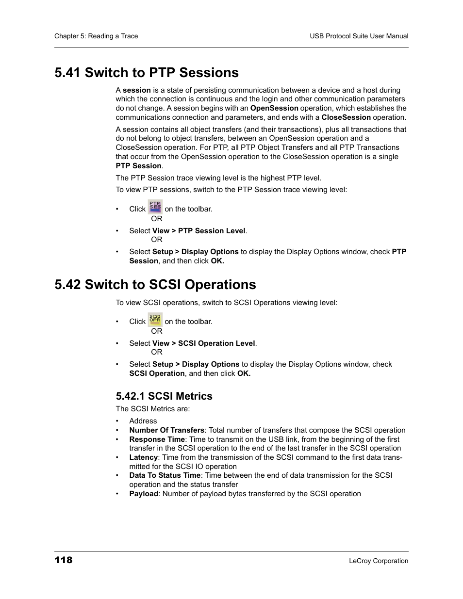 41 switch to ptp sessions, 42 switch to scsi operations, 1 scsi metrics | Teledyne LeCroy USBTracer_Trainer - Users Manual User Manual | Page 132 / 388