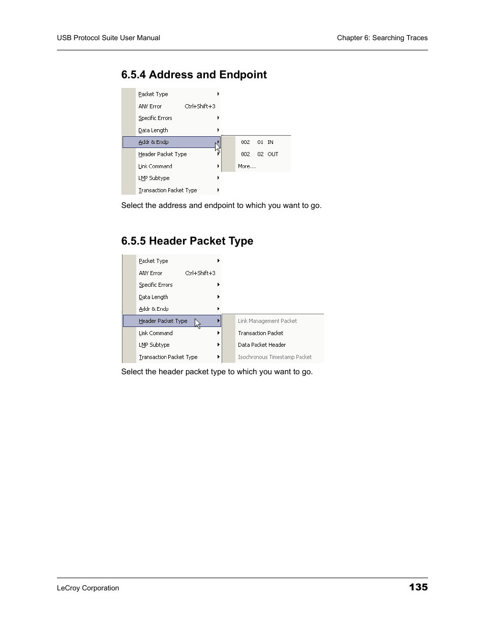 4 address and endpoint, 5 header packet type, 4 address and endpoint 6.5.5 header packet type | Teledyne LeCroy USBTracer_Trainer - Users Manual User Manual | Page 149 / 388