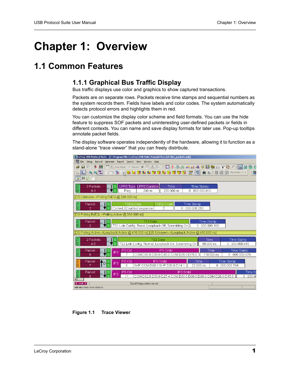 Chapter 1: overview, 1 common features, 1 graphical bus traffic display | Chapter 1 overview | Teledyne LeCroy USBTracer_Trainer - Users Manual User Manual | Page 15 / 388