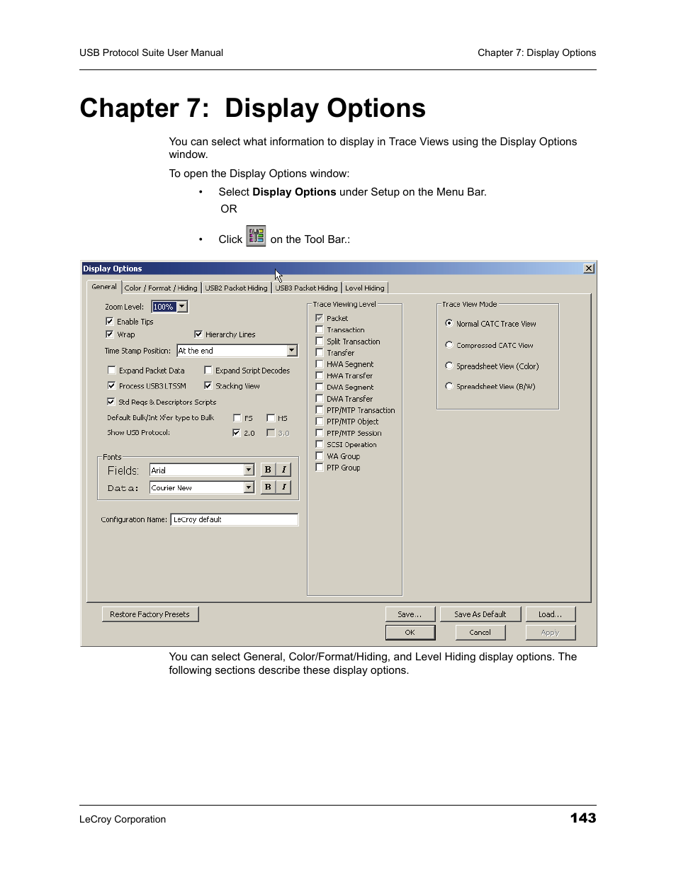 Chapter 7: display options, Chapter 7 display options | Teledyne LeCroy USBTracer_Trainer - Users Manual User Manual | Page 157 / 388
