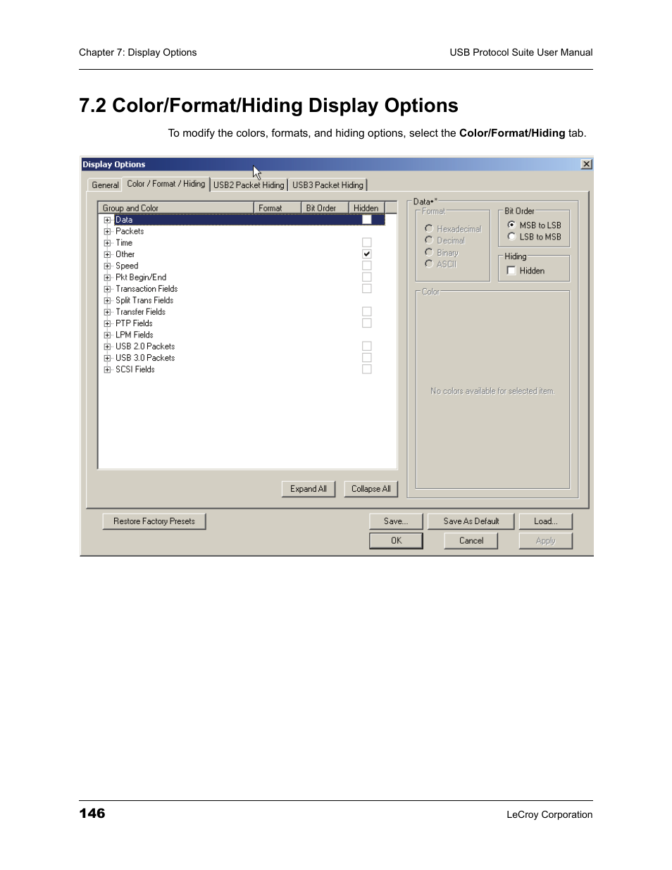 2 color/format/hiding display options | Teledyne LeCroy USBTracer_Trainer - Users Manual User Manual | Page 160 / 388