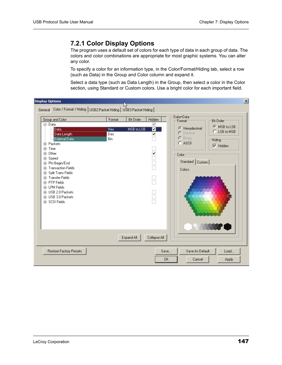1 color display options | Teledyne LeCroy USBTracer_Trainer - Users Manual User Manual | Page 161 / 388