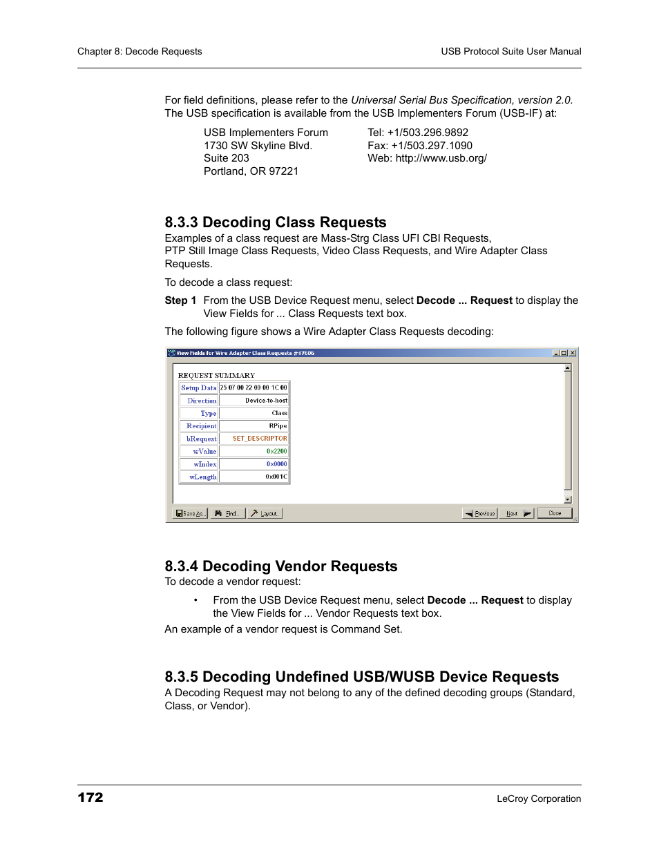 3 decoding class requests, 4 decoding vendor requests, 5 decoding undefined usb/wusb device requests | Teledyne LeCroy USBTracer_Trainer - Users Manual User Manual | Page 186 / 388