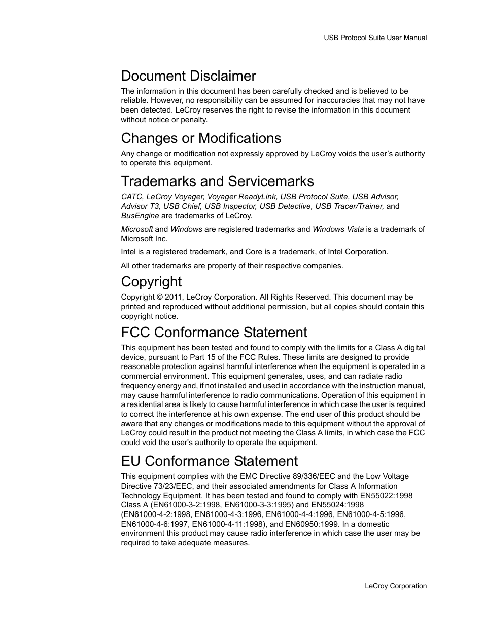 Copyright, Document disclaimer, Changes or modifications | Trademarks and servicemarks, Fcc conformance statement, Eu conformance statement | Teledyne LeCroy USBTracer_Trainer - Users Manual User Manual | Page 2 / 388