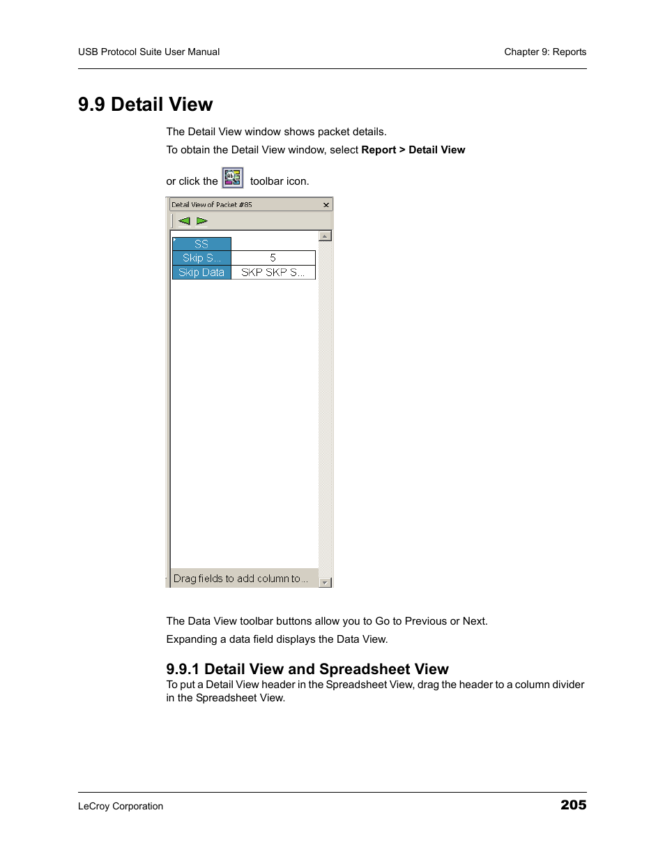 9 detail view, 1 detail view and spreadsheet view | Teledyne LeCroy USBTracer_Trainer - Users Manual User Manual | Page 219 / 388