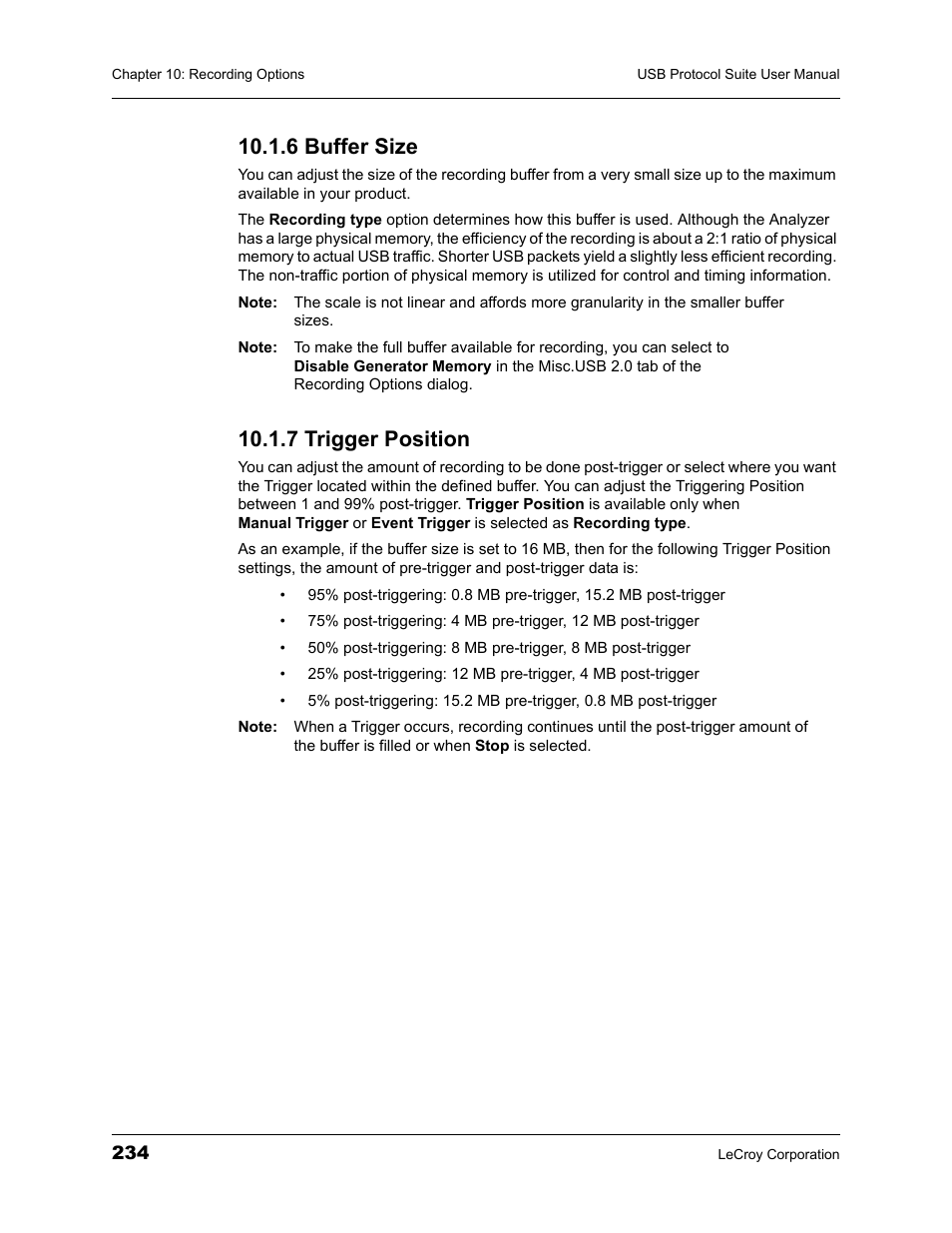 6 buffer size, 7 trigger position, 6 buffer size 10.1.7 trigger position | Teledyne LeCroy USBTracer_Trainer - Users Manual User Manual | Page 248 / 388