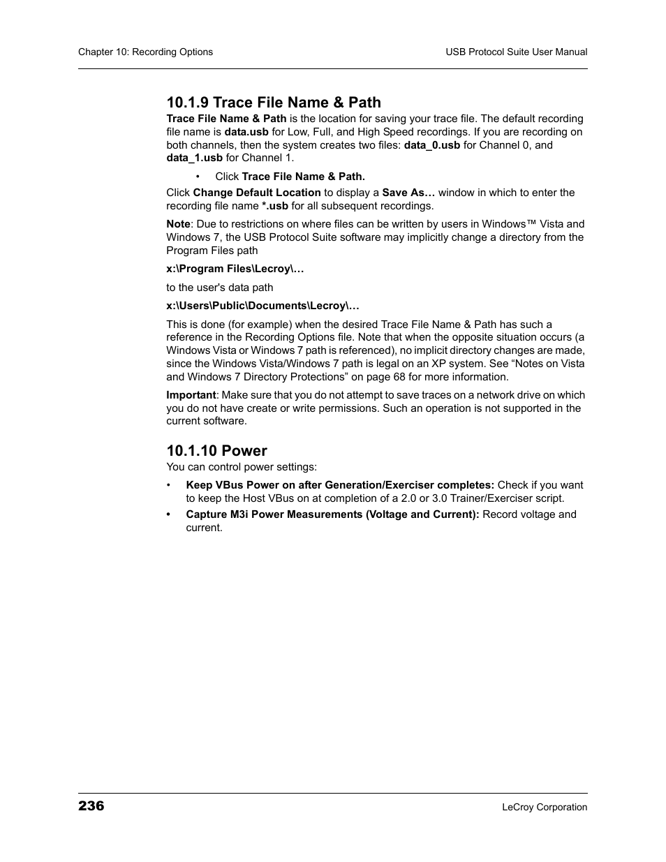 9 trace file name & path, 10 power, 9 trace file name & path 10.1.10 power | Teledyne LeCroy USBTracer_Trainer - Users Manual User Manual | Page 250 / 388