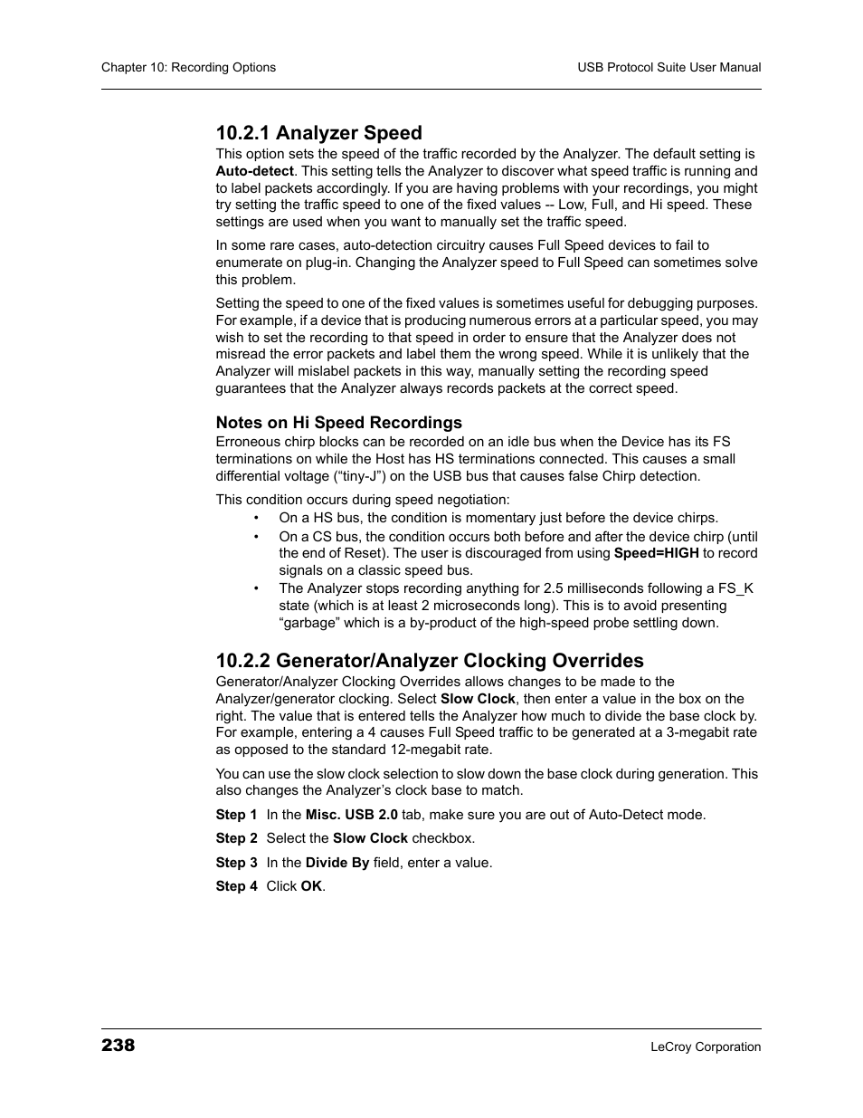 1 analyzer speed, 2 generator/analyzer clocking overrides | Teledyne LeCroy USBTracer_Trainer - Users Manual User Manual | Page 252 / 388