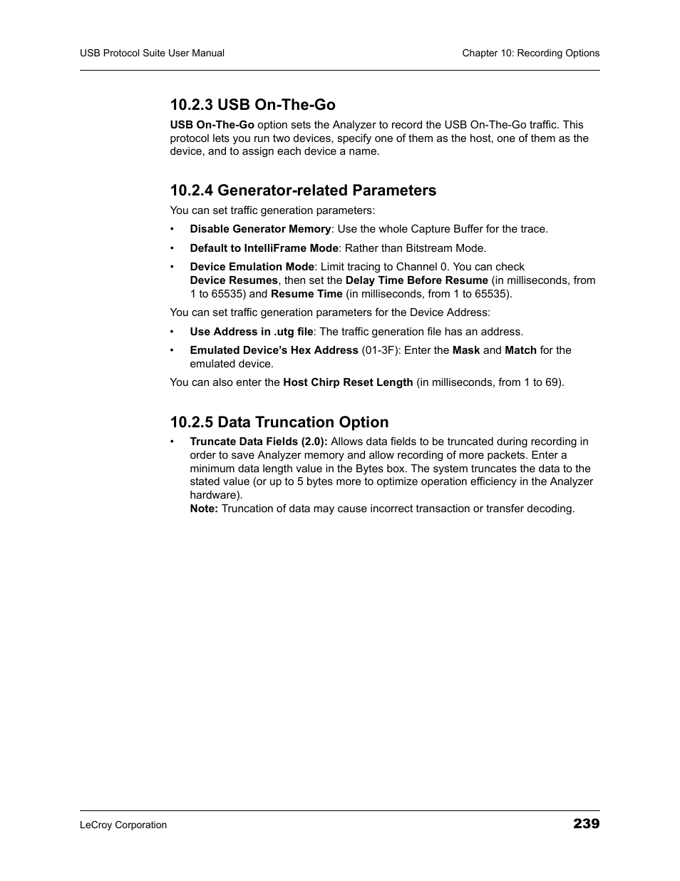 3 usb on-the-go, 4 generator-related parameters, 5 data truncation option | Teledyne LeCroy USBTracer_Trainer - Users Manual User Manual | Page 253 / 388