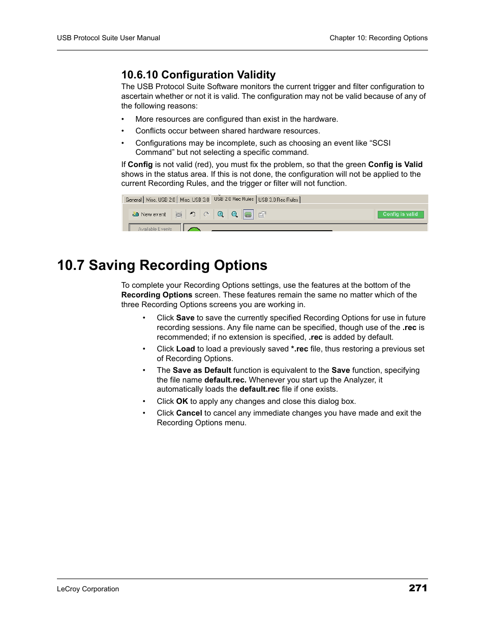 10 configuration validity, 7 saving recording options | Teledyne LeCroy USBTracer_Trainer - Users Manual User Manual | Page 285 / 388