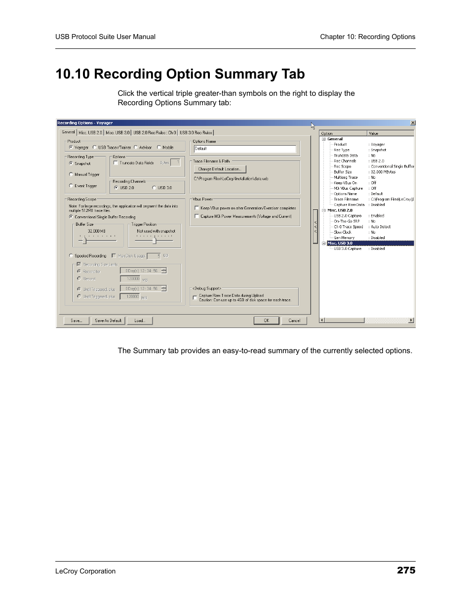 10 recording option summary tab | Teledyne LeCroy USBTracer_Trainer - Users Manual User Manual | Page 289 / 388